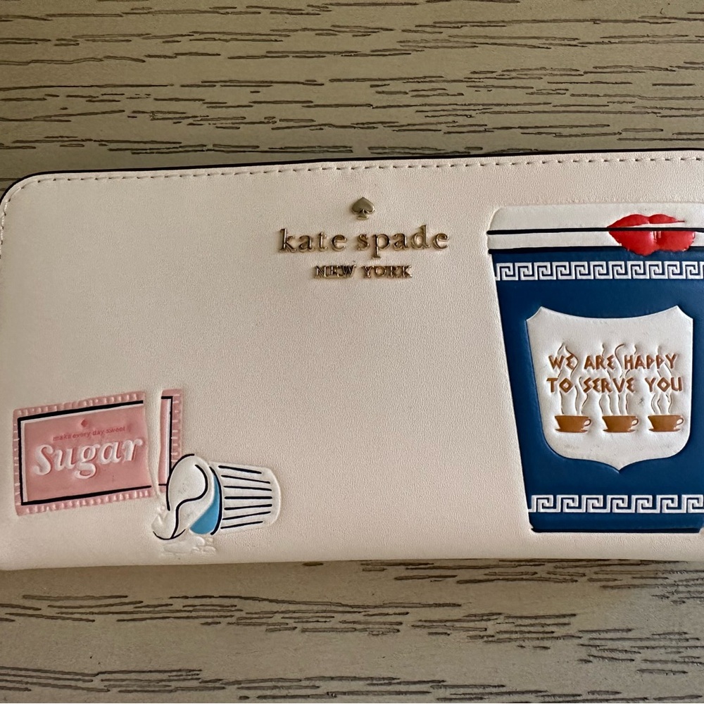 Kate Spade New York Cream Wallet with Coffee Cup Design